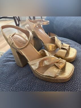 Wild Pair Gold Metallic Knotted Platform Heels